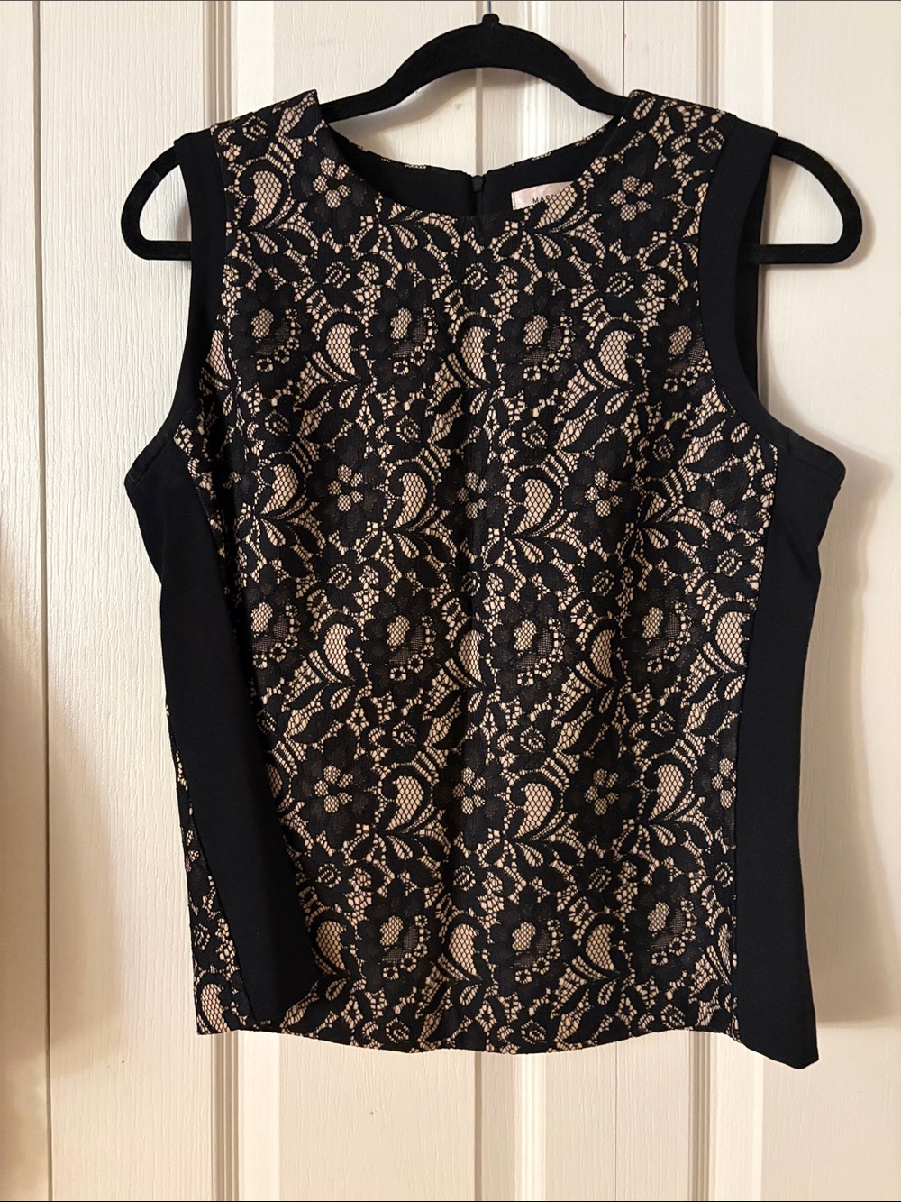 Sleeveless Black Lace Overlay Shell Top - Nude Underlay